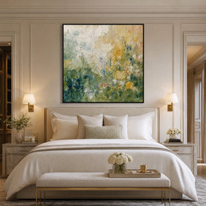 Textured impasto wildflower field painting in soft green, white, and yellow tones above a beige bed