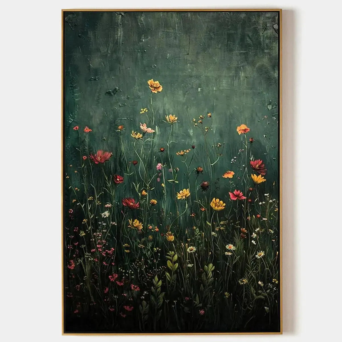 MEADOW'S EMBRACE: Moody floral botanical painting by Elodie Dubois, vertical wall art, framed artwork, vibrant colors