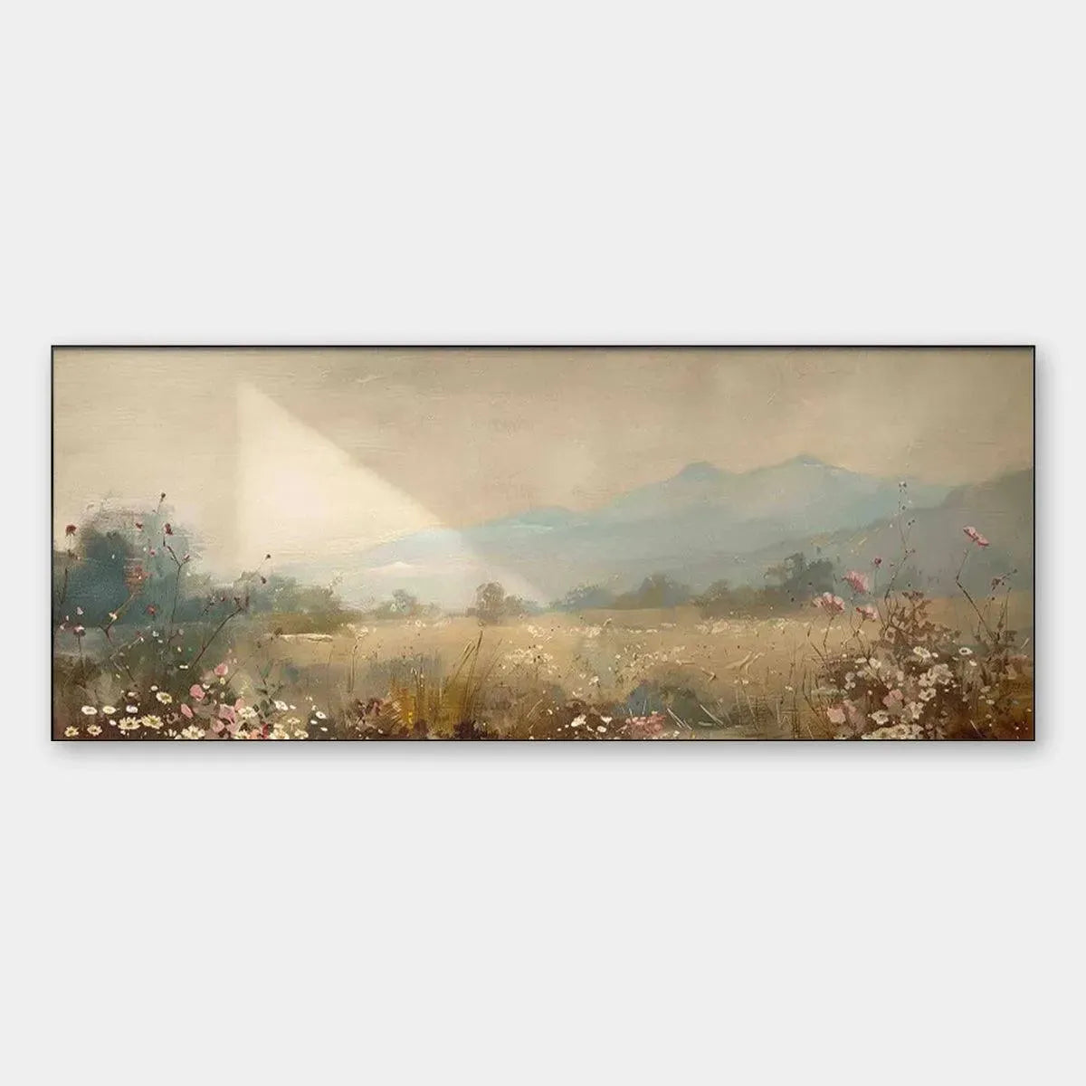 Meadow Valley Panoramic landscape painting by Liam O'Connell, featuring wildflowers and rolling hills under a soft sky.