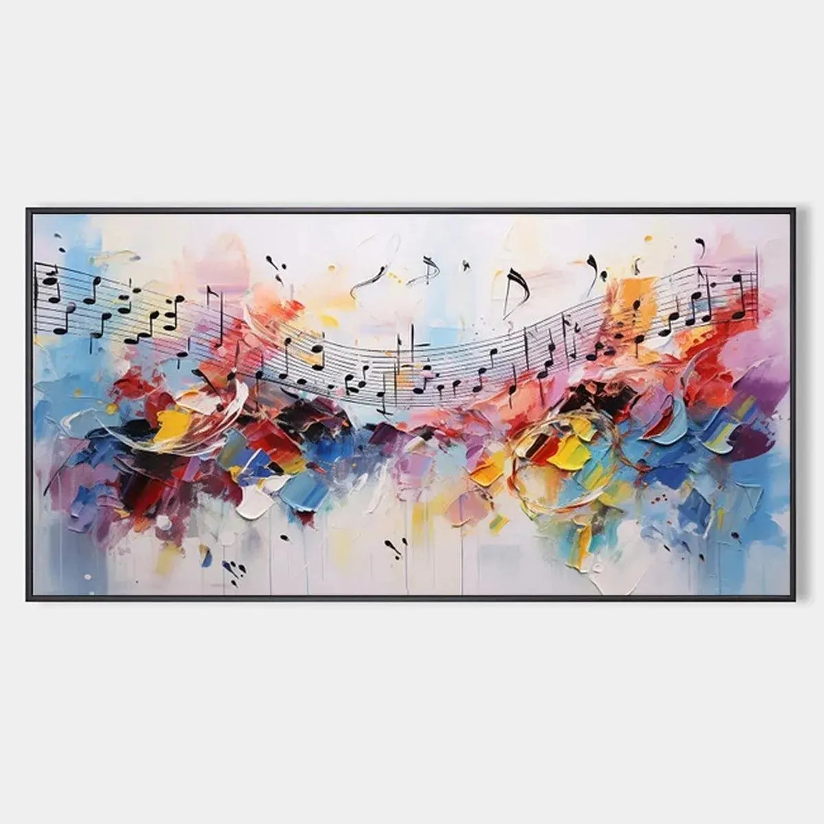 "Melody in Color" abstract painting. Black musical notes flow over vibrant blue, red, yellow, purple brushstrokes, framed.