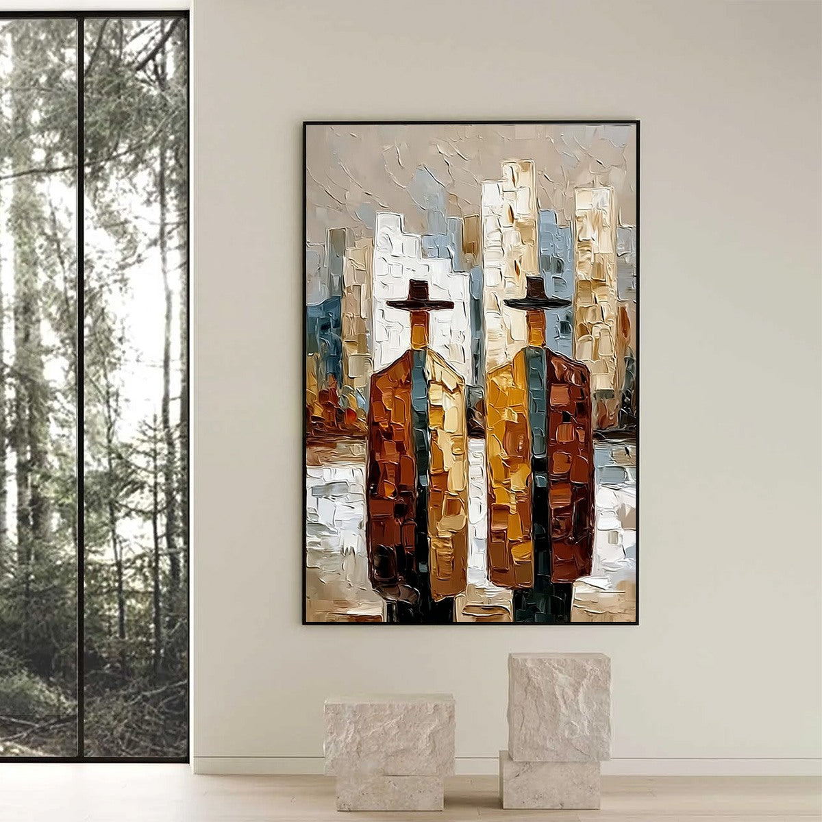 METROPOLIS DUO: Textured Palette Knife Painting of Figures in a City