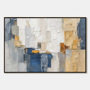 Textured abstract cityscape impasto painting in blue, white and gold tones