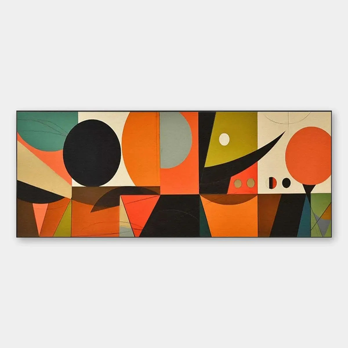 Mid-century modern panoramic abstract painting with geometric shapes in orange, black, green, and beige.