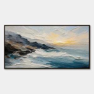 Textured stormy ocean wave painting with blue-gray sea, rocky coast, and golden sunrise