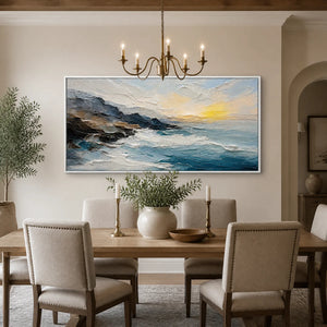 Textured oil painting of stormy ocean waves in blue-gray tones displayed in a refined dining room.