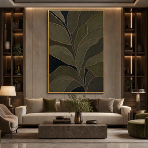 Midnight Foliage botanical abstract wall art in olive green with gold leaf veins