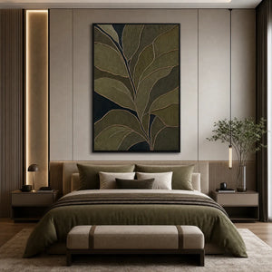 Textured botanical abstract wall art in olive green and midnight tones above a modern bed