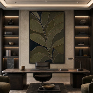Textured botanical abstract wall art in olive green and midnight tones above modern office desk