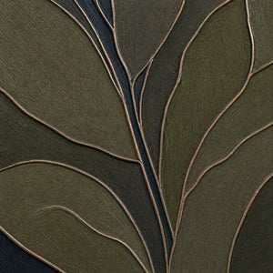 Textured botanical abstract painting in dark olive and forest green with gilded leaf lines
