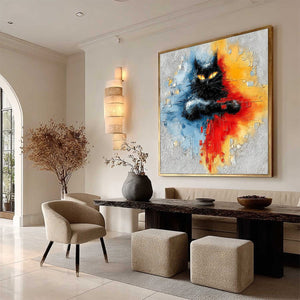 MIDNIGHT GAZE: Textured Abstract Black Cat Painting