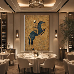 Rustic Wabi Sabi equestrian wall art of a rider on a rearing horse in navy and gold