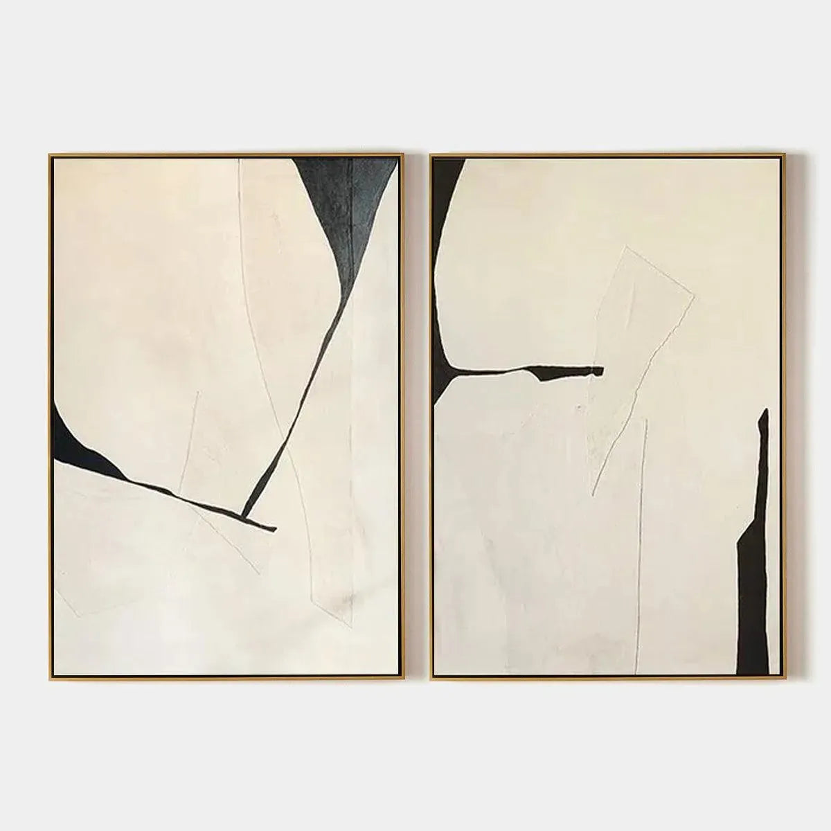 Minimalist Abstract Diptych Set of 2, Vertical Wall Art with black and beige abstract shapes, framed.