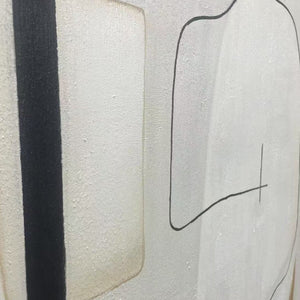Neutral abstract painting detail, featuring a bold black stripe and black line art on textured white canvas.