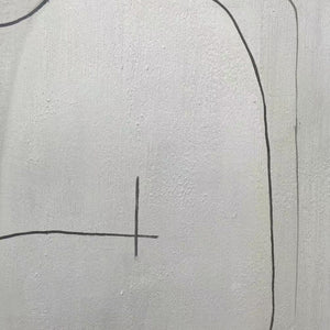 Javier Ramirez abstract art detail: textured neutral canvas with flowing black line art and cross.
