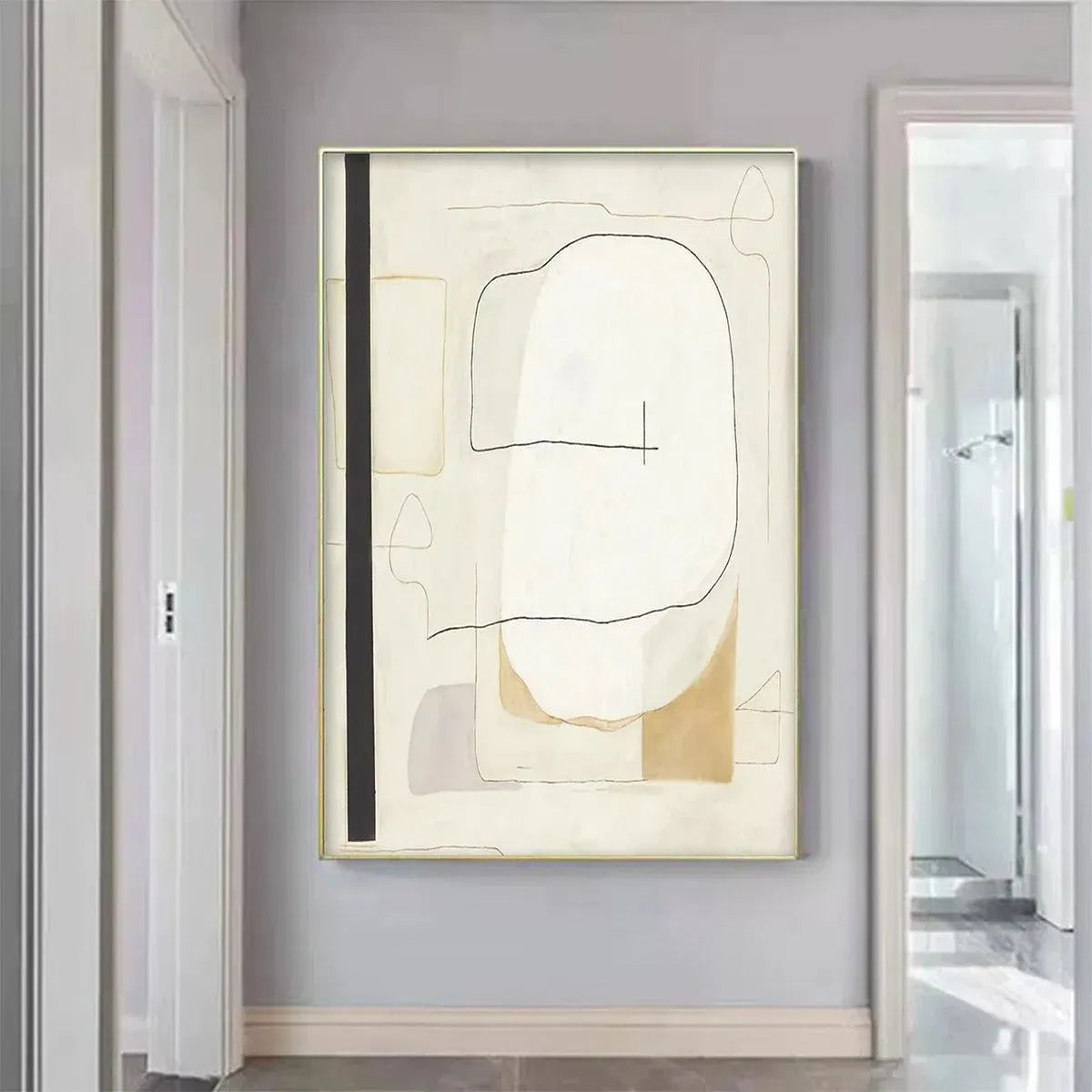Javier Ramirez minimalist abstract painting, square wall art with neutral tones and black lines for modern decor.