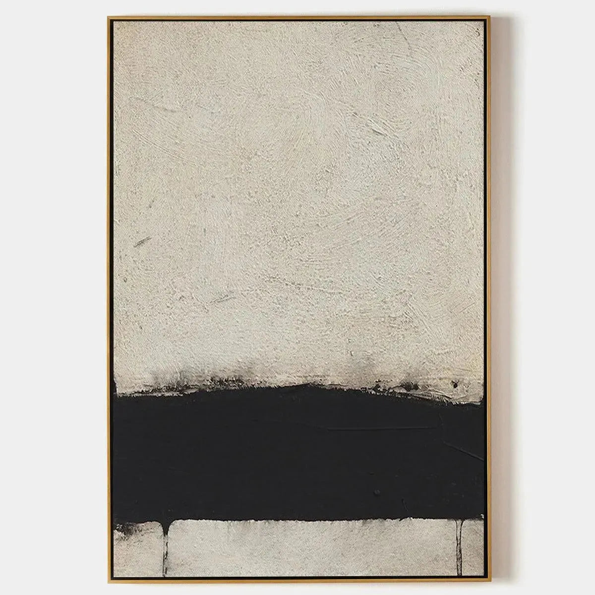 Minimalist black and white textured abstract painting. Vertical wall art with a gold frame, perfect for modern living spaces.