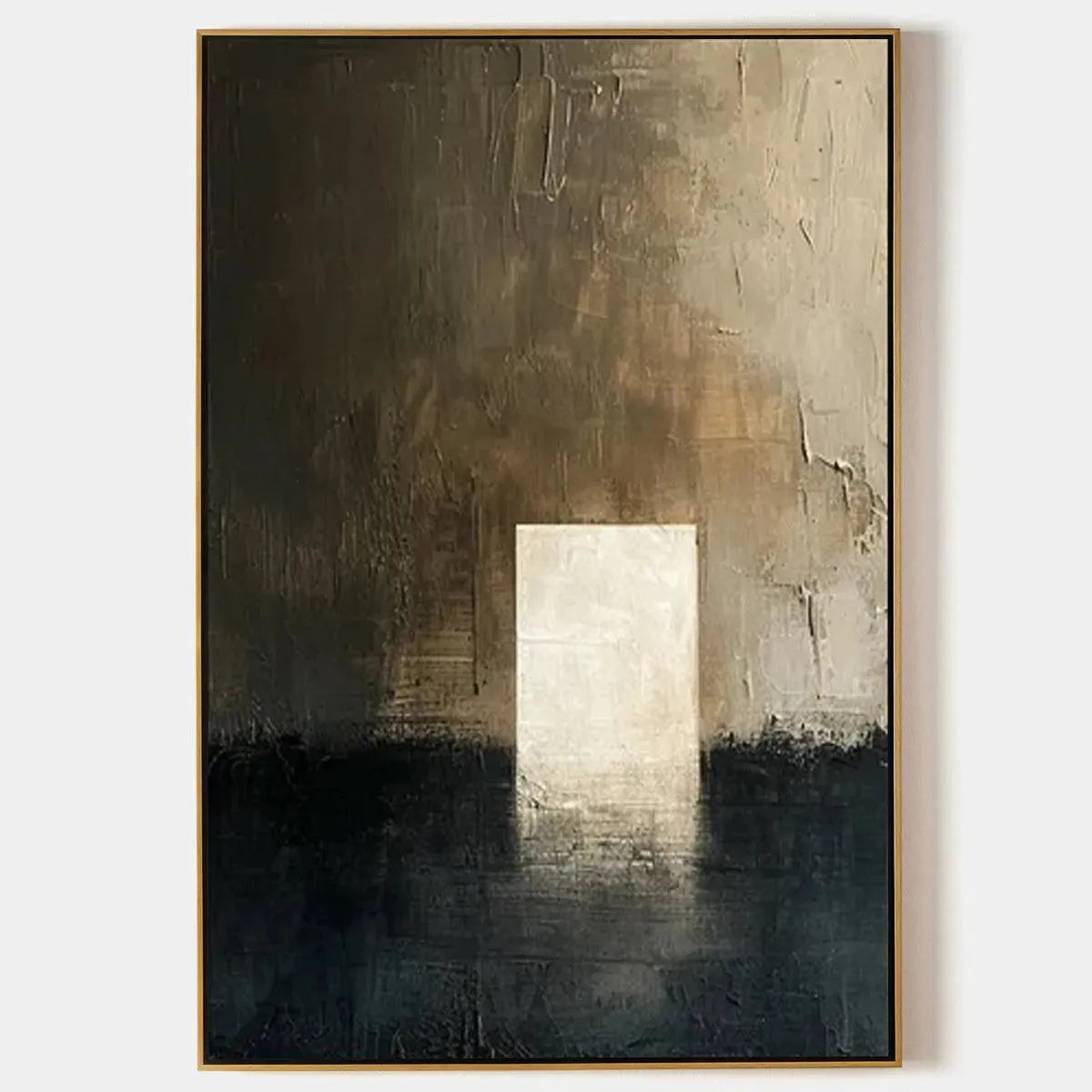 Javier Ramirez 'Minimalist Doorway' abstract art. Vertical painting with textured details and neutral color palette.