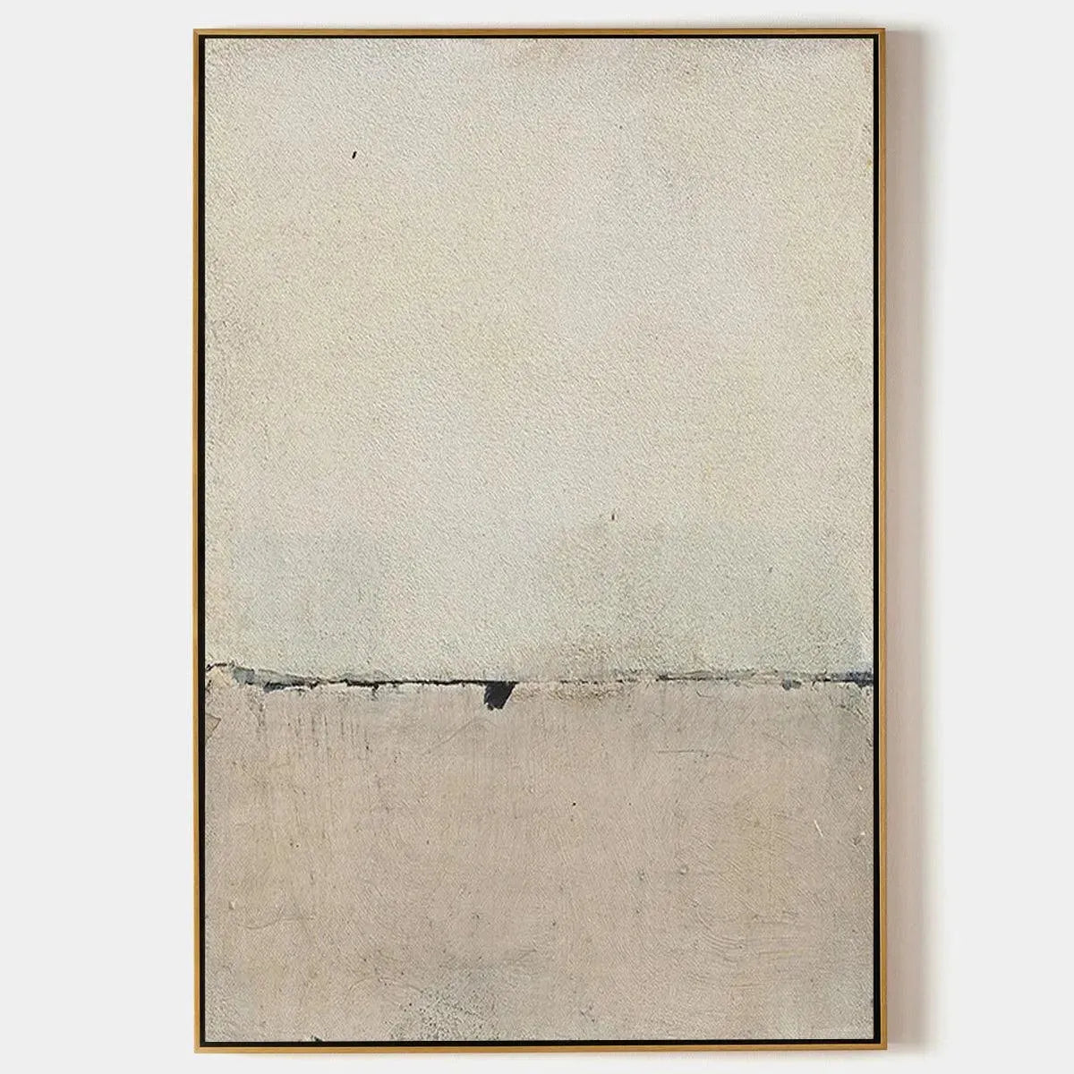 Minimalist Earthscape abstract landscape painting by Javier Ramirez, neutral tones, textured canvas, golden frame