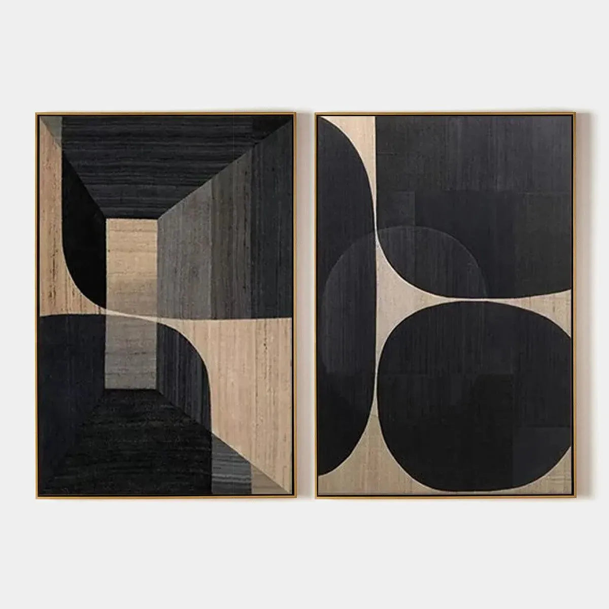 Minimalist geometric diptych, abstract wall art set of 2 in black, grey, and beige with clean lines.