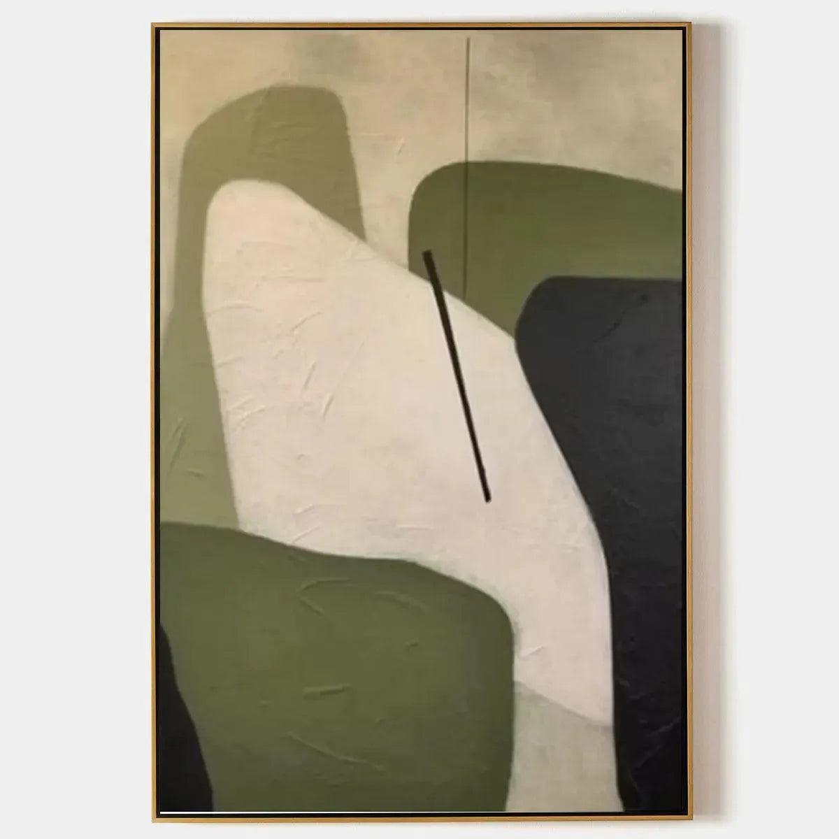 Minimalist Green Abstract vertical painting by Javier Ramirez with organic shapes, olive green, cream, black, and gold frame.