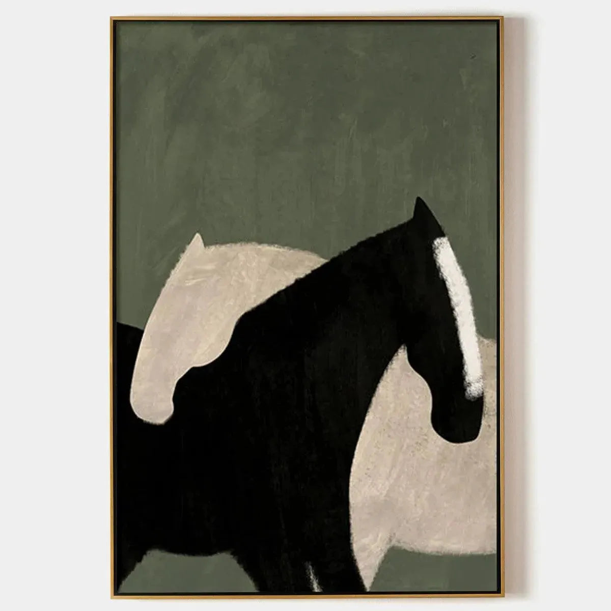 Minimalist Horses by Javier Ramirez: Abstract horse painting, black and white on green background, vertical art.