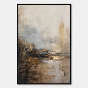 Misty abstract lake painting with textured gray, black and muted gold tones