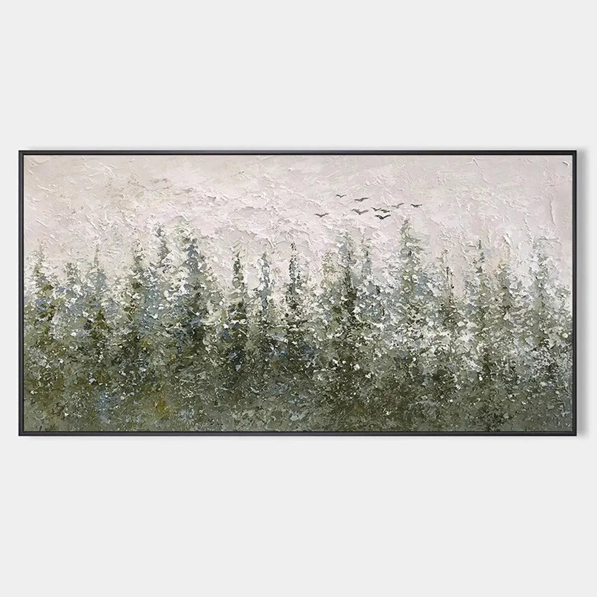 Misty Forest Liam O'Connell textured landscape painting, horizontal artwork, Wabi Sabi aesthetic.