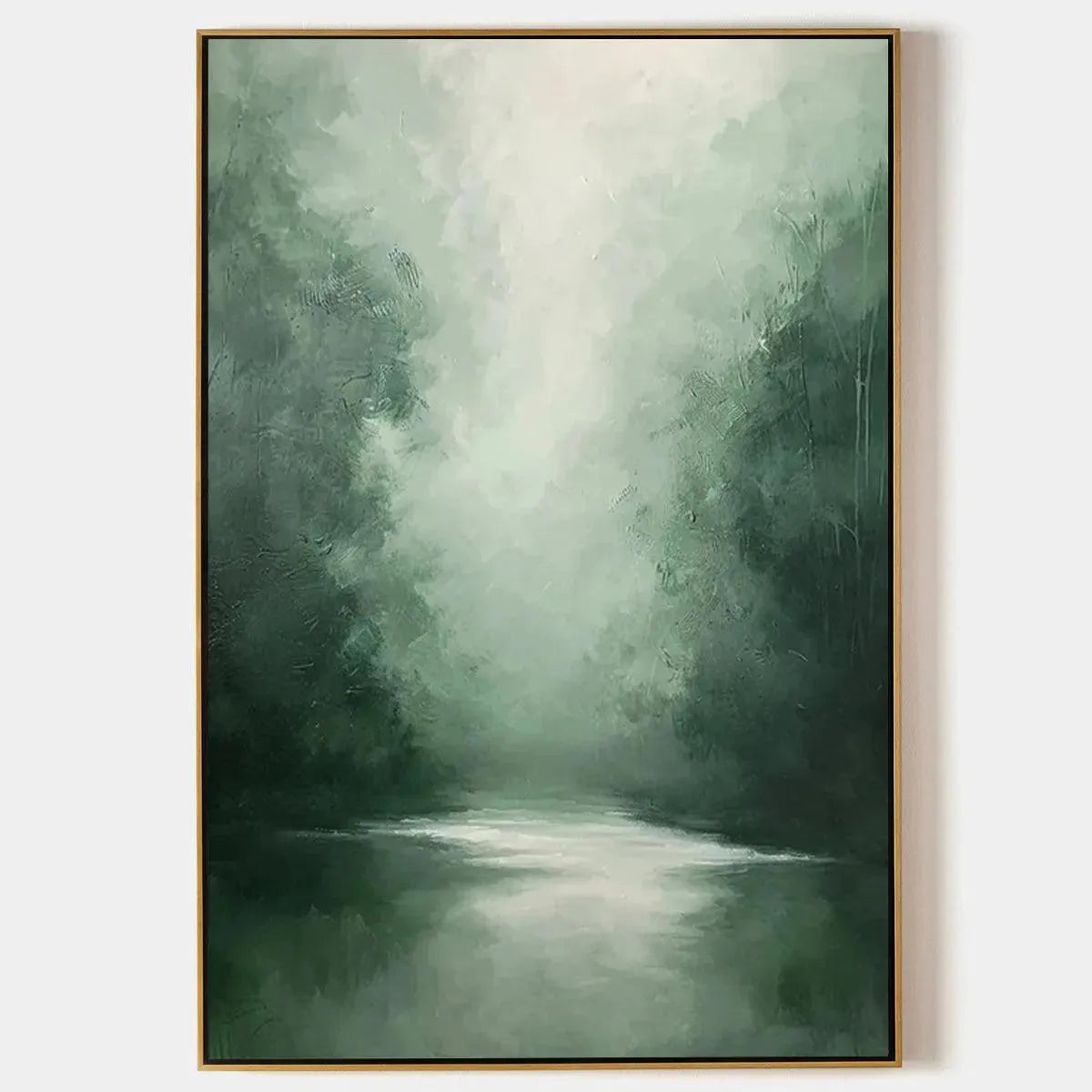 Misty Green Forest painting by Liam O'Connell, vertical wall art with forest, oil on canvas, framed in gold, for home decor.