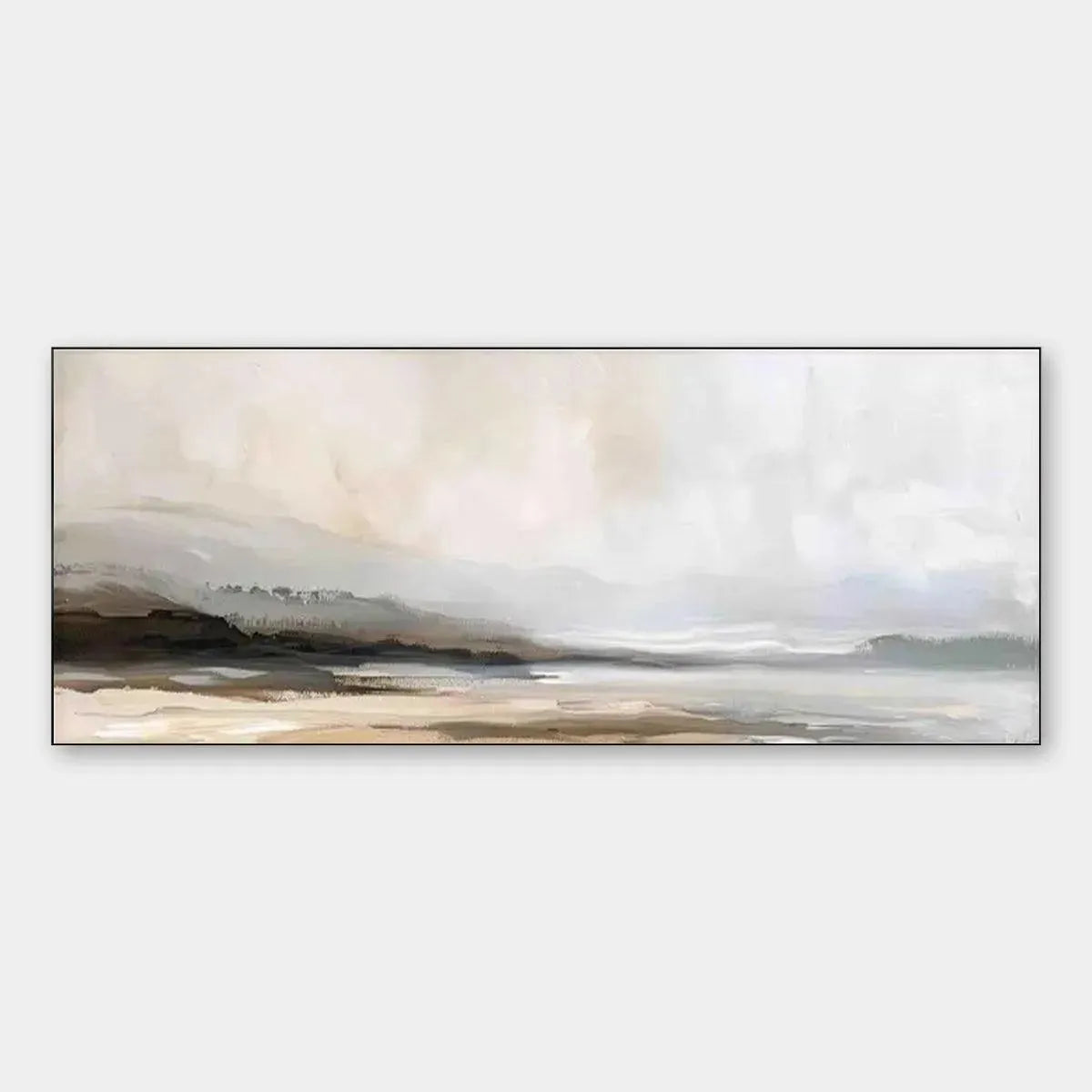 Misty Mountain Lake Panoramic painting by Liam O'Connell, muted earth tones, landscape wall art
