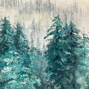 MISTY PINES: Panoramic Forest Landscape Painting, Misty Trees, Green