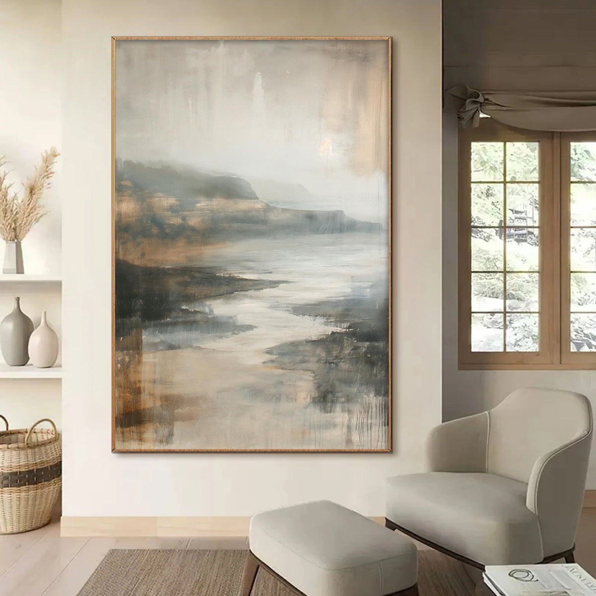 Misty Shores: Original Minimalist Coastal Landscape Oil Painting - Serene Beach Wall Art