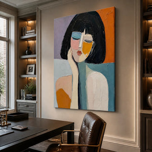 Frameless, gallery-wrapped abstract portrait painting, featured in a professional home office setting.