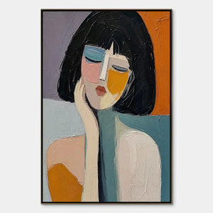 Modern abstract female portrait oil painting with bold color blocking and textured brushstrokes