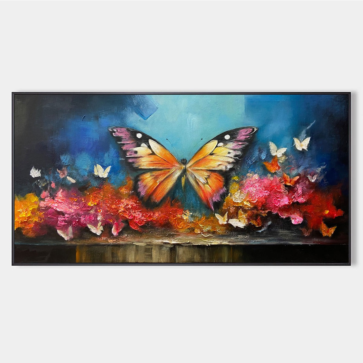 Monarch's Repose: Orange & Purple Butterfly Floral Impasto Oil Painting Canvas Wall Art