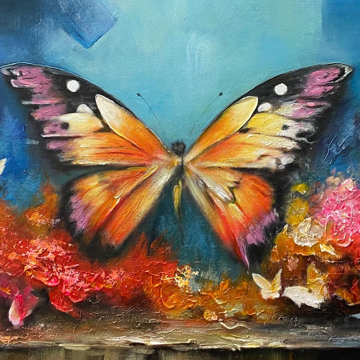 MONARCH'S REPOSE: Orange and Purple Butterfly with Floral Impasto Oil Painting