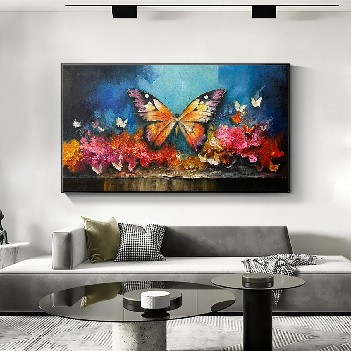 Monarch's Repose: Orange & Purple Butterfly Floral Impasto Oil Painting Canvas Wall Art