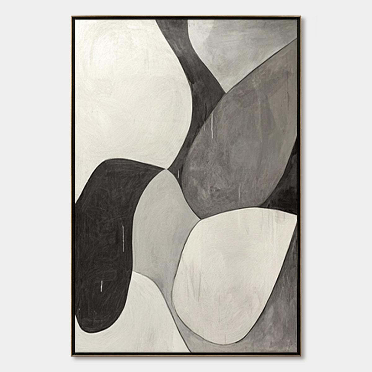 Monochrome Flow: Original Minimalist Abstract Oil Painting - Black White Grey Vertical Wall Art