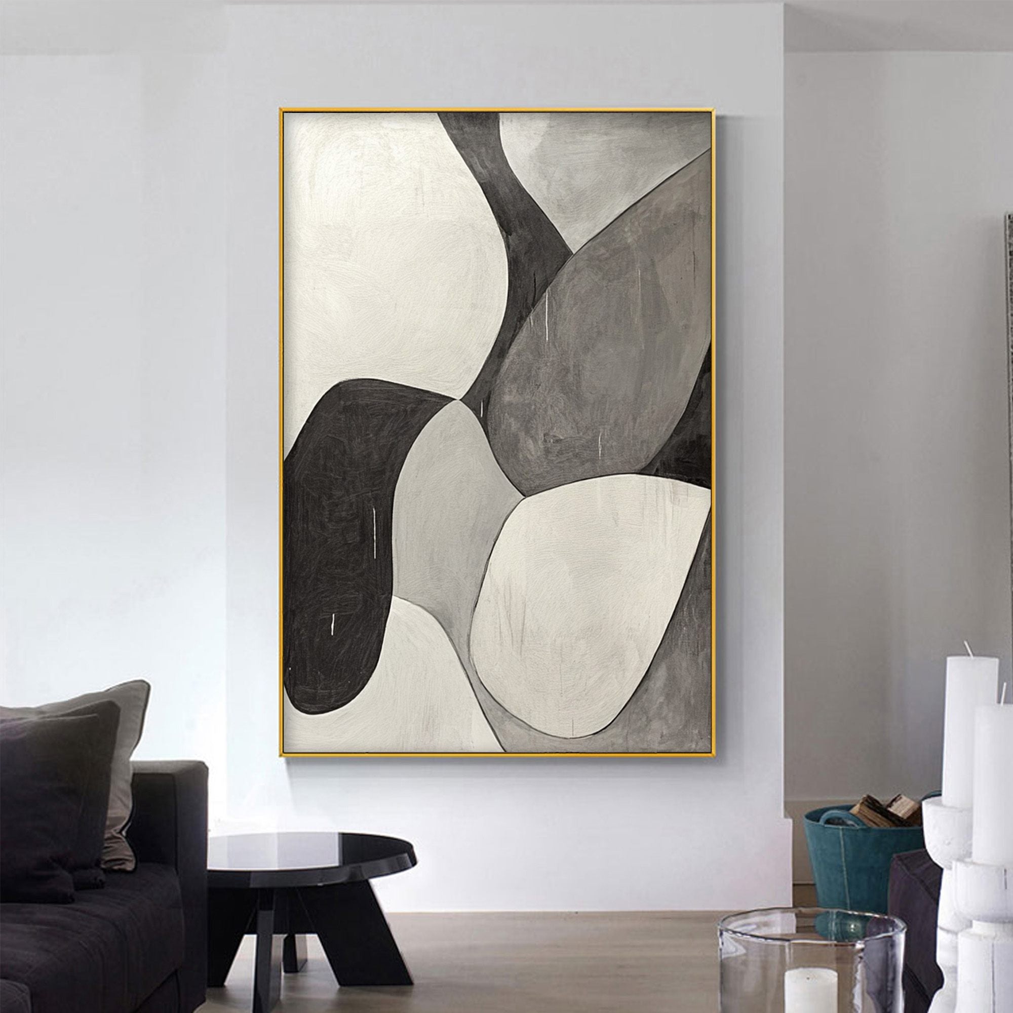 Monochrome Flow: Original Minimalist Abstract Oil Painting - Black White Grey Vertical Wall Art