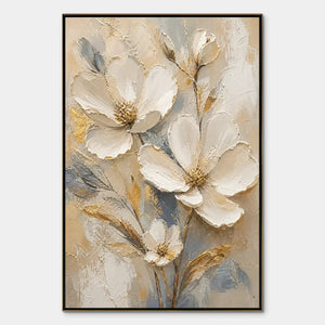 Textured white magnolia wall art with gold accents on beige and blue background