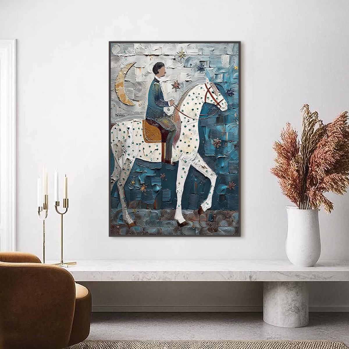 MOONLIT ODYSSEY: Textured Figurative Painting of a Man on Horseback