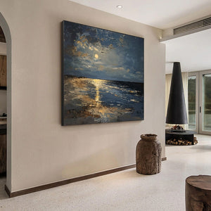 MOONLIT SERENITY: Impressionist Coastal Night Oil Painting