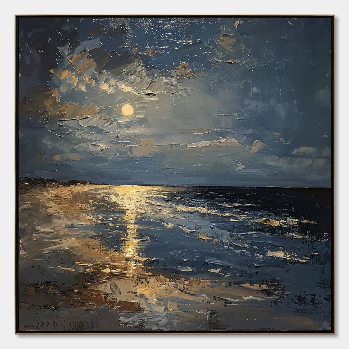 Moonlit Serenity: Impressionist Coastal Night Oil Painting