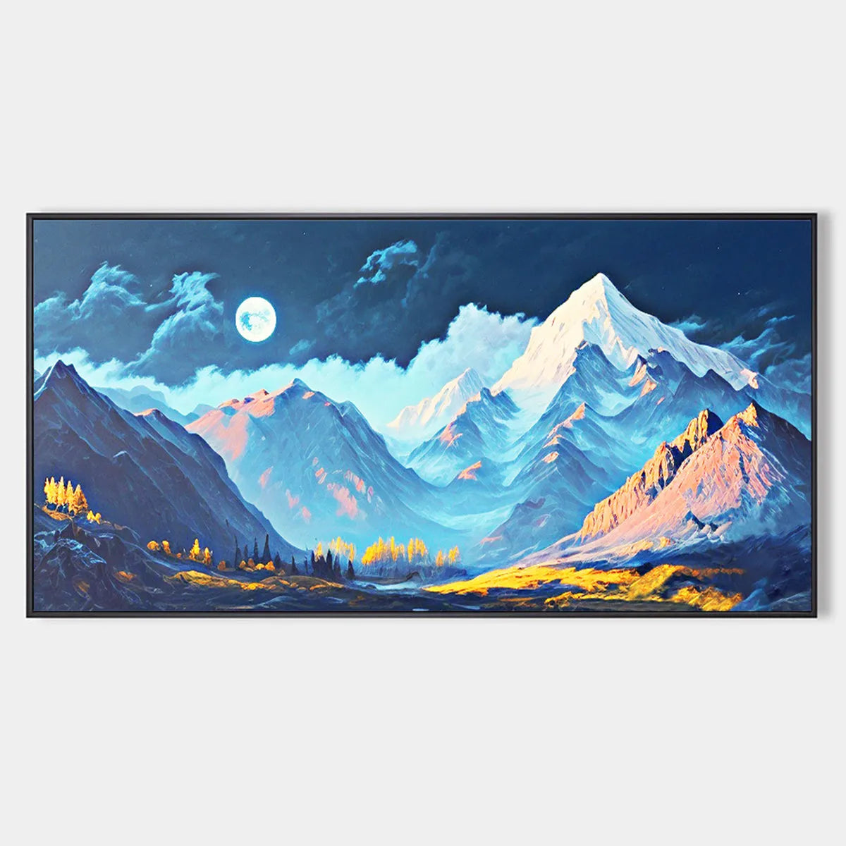 Panoramic Mountain Landscape Oil Painting with Moon