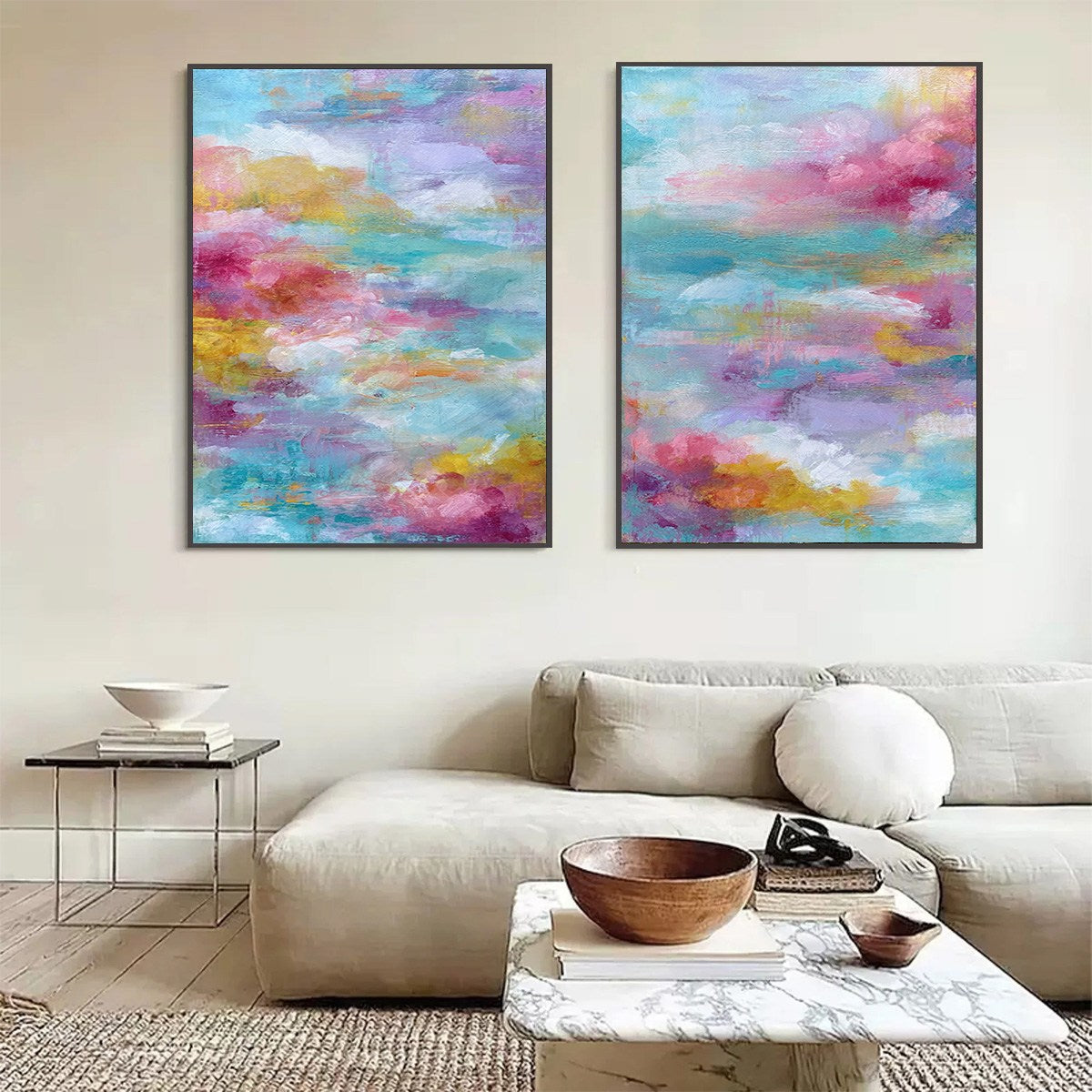 MORNING RAPTURE: Colorful Abstract Cloudscape Painting Set of 2