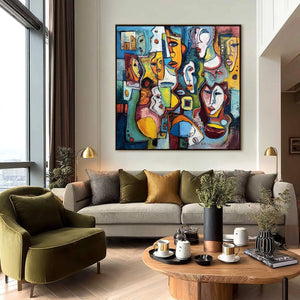 MOSAIC OF MINDS: Colorful Abstract Figurative Faces Oil Painting