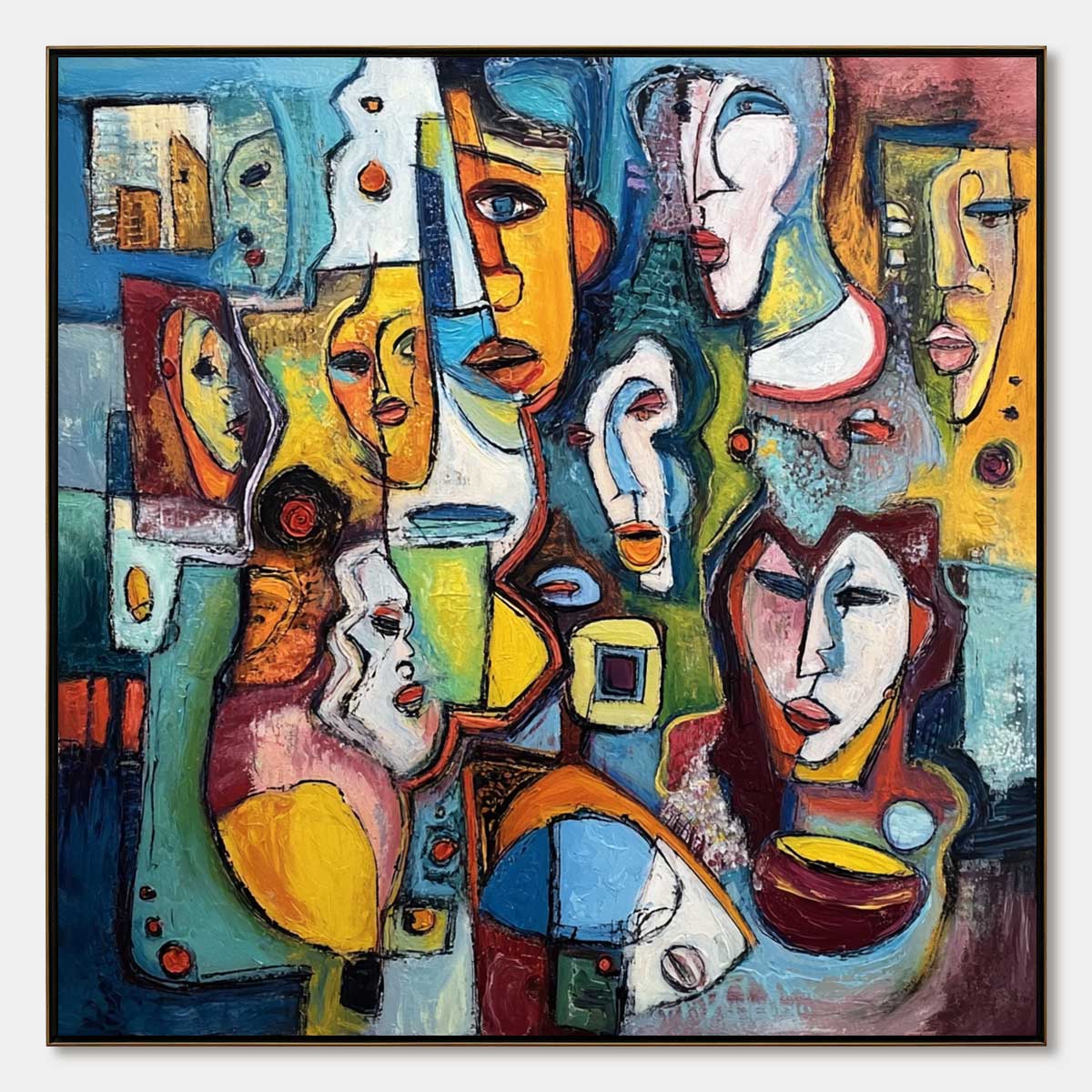 MOSAIC OF MINDS: Colorful Abstract Figurative Faces Oil Painting