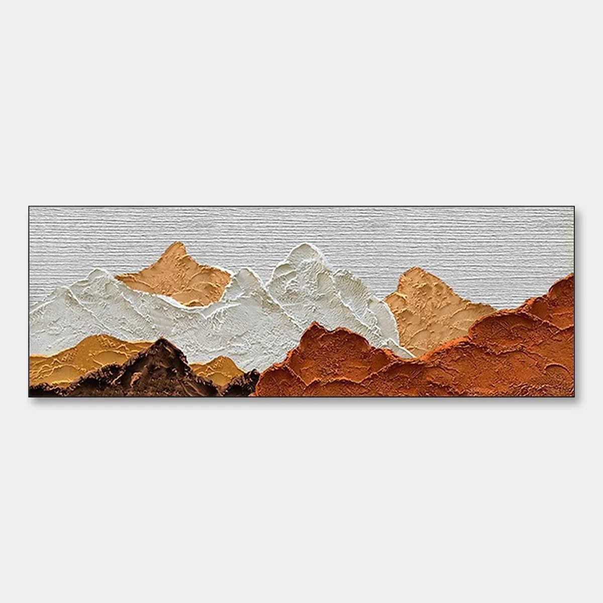 Textured mountain range painting in brown, white, and ochre by Liam O'Connell, showcasing Wabi Sabi aesthetic.