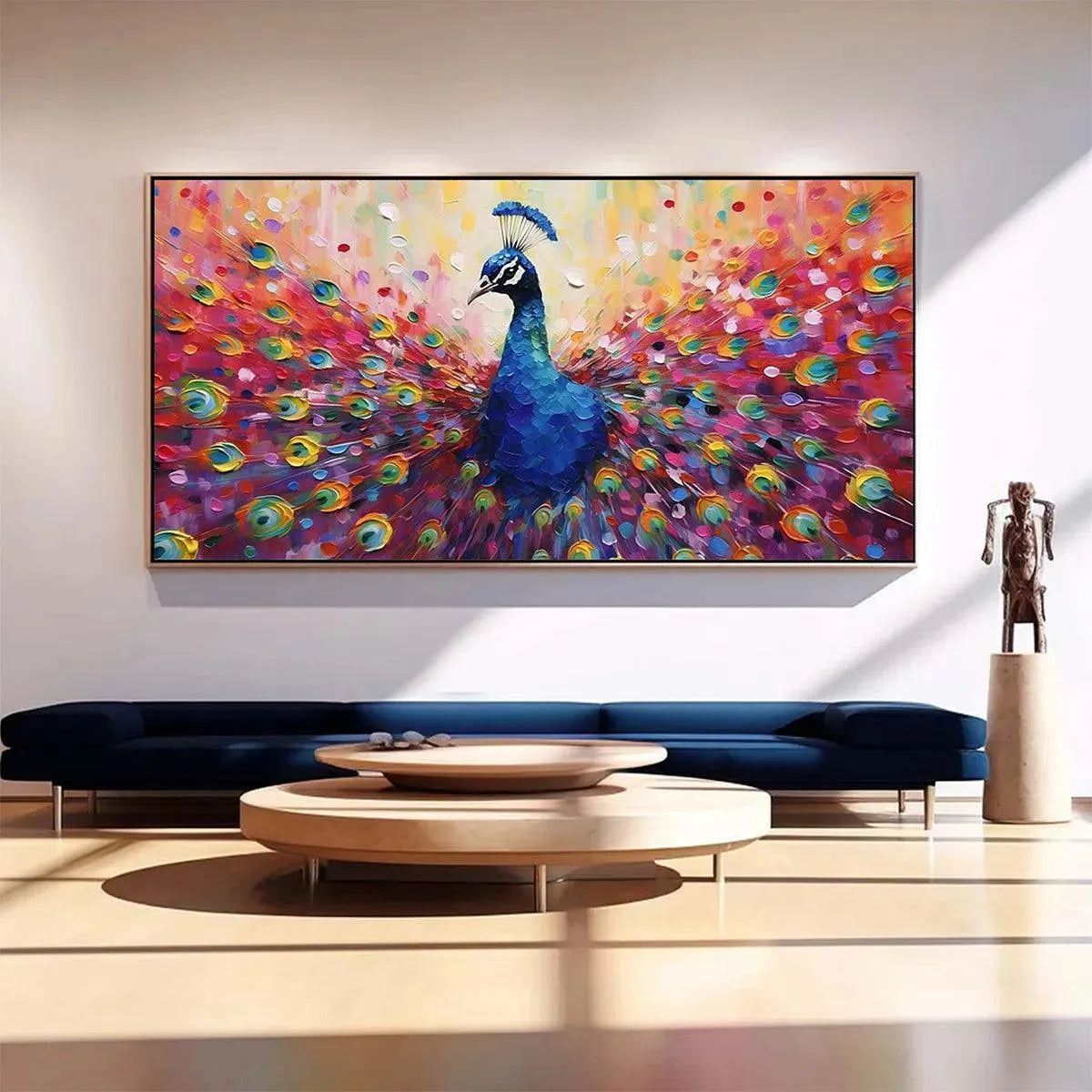 Vibrant peacock oil painting with fanned tail, bold blues and reds, in a modern living room.