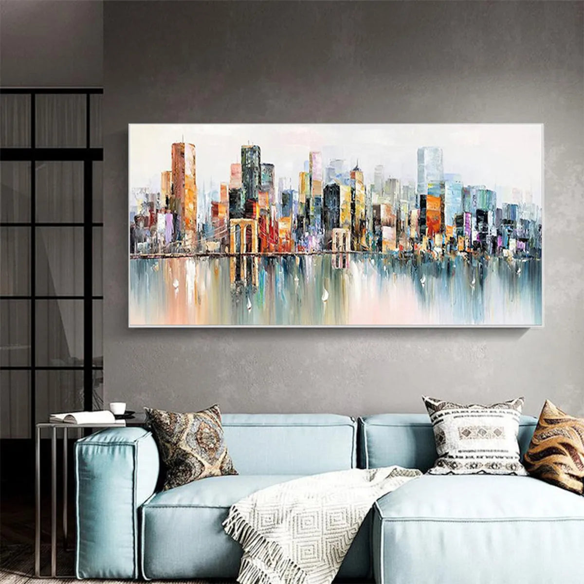 Metropolitan Reflections: Panoramic Cityscape Oil Painting on Canvas