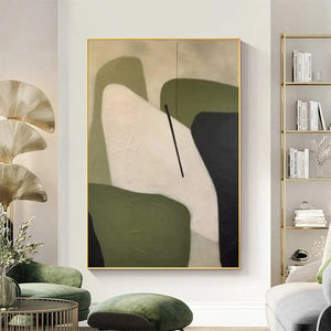 Minimalist green abstract painting with organic shapes in olive green, cream, and black, framed.